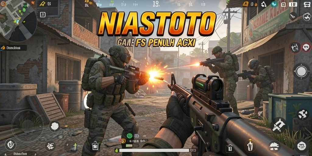 Tampilan seru dari gameplay FPS NIASTOTO dengan aksi menembak.