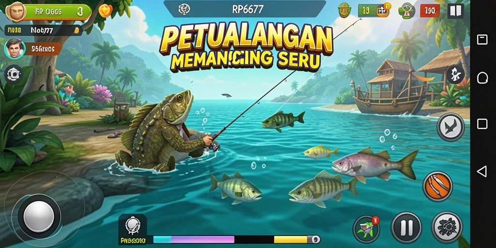 Menampilkan gameplay seru saat memancing dengan berbagai alat.